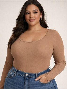 NEW Yozy Tan Ribbed Bodysuit Crewneck Size XXL Minimalist